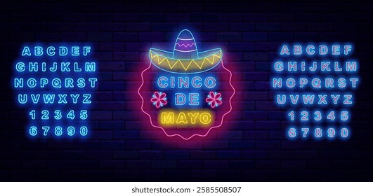 Cinco de Mayo neon party banner. Mexican traditional holiday in May. Sombrero and circle frame. Vector illustration