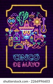 Cinco De Mayo Neon Poster. Vector Illustration of Hispanic Religion Holiday Glowing Led Electric Light.