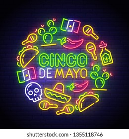 Cinco De Mayo Neon Sign, Bright Signboard, Light Banner. Mexico Logo Mexican Icons. Icon From Cinco De Mayo.