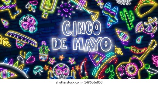 Cinco De Mayo Neon Sign, Bright Signboard, Light Banner. Mexico Logo, Emblem