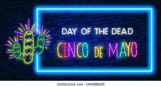 Cinco De Mayo neon sign, bright signboard, light banner. Mexico logo, emblem