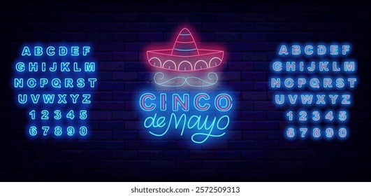 Cinco de Mayo neon sign. Bright lettering. Mexican traditional holiday in May. SVector stock illustration