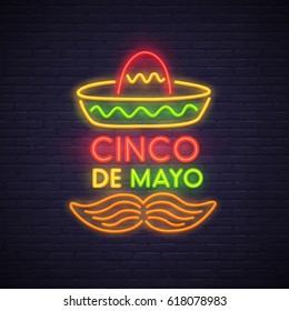 Cinco De Mayo Neon Sign, Bright Signboard, Light Banner. Mexico Logo, Emblem