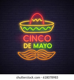 Cinco De Mayo neon sign, bright signboard, light banner. Mexico logo, emblem