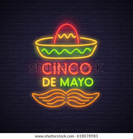 Cinco De Mayo neon sign, bright signboard, light banner. Mexico logo, emblem