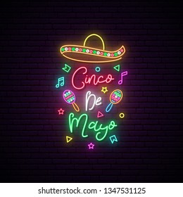 Cinco de Mayo neon signboard. Mexico greeting banner. Bright sombrero illustration.