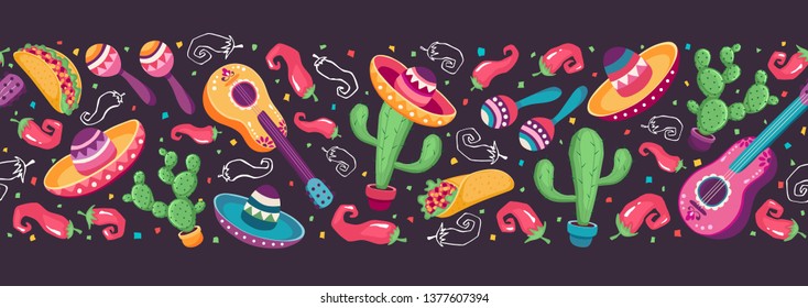 Cinco de Mayo objects horizontal stripe composition. Mexican culture symbols collection. Guitar, sombrero, maracas, cactus and jalapeno isolated on white background. National Mexico attributes banner.