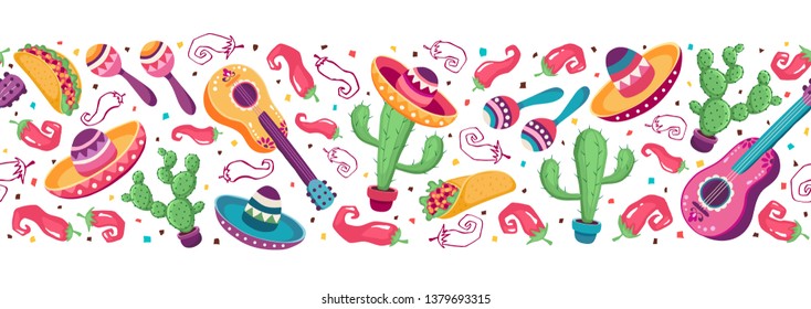 Cinco de Mayo objects horizontal stripe composition. Mexican culture symbols collection. Guitar, sombrero, maracas, cactus and jalapeno isolated on white background. National Mexico attributes banner.