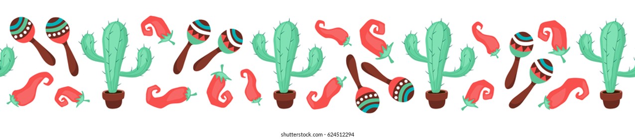 Cinco de Mayo objects in horizontal stripe composition. Mexican culture symbols collection. Sombrero, maracas, cactus and jalapeno isolated on white background. National Mexico attributes banner.