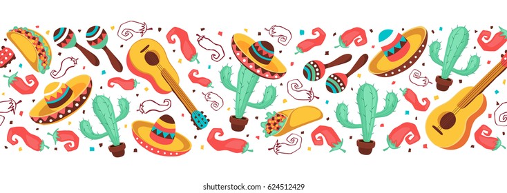 Cinco de Mayo objects horizontal stripe composition. Mexican culture symbols collection. Guitar, sombrero, maracas, cactus and jalapeno isolated on white background. National Mexico attributes banner.