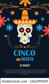 Cinco de Mayo on May 5th. Poster with design for a federal holiday in Mexico with traditional Mexican symbols, skull, sombrero, flowers, red pepper.