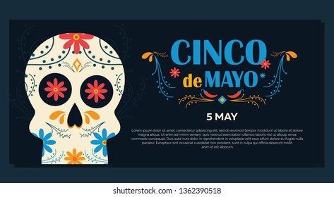 Cinco de Mayo on May 5th. Design banner for the federal holiday in Mexico with traditional Mexican symbols, skull, flowers, Mexican cacti, red pepper, maracas, sombrero.