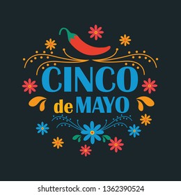 Cinco de Mayo on May 5th. Vector illustration with design for federal holiday in mexico. Pattern with traditional mexican symbols, flowers, red pepper, maracas, sombrero. Banner, poster.