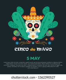 Cinco de Mayo on May 5th. Vector illustration with design for federal holiday in mexico. Pattern with traditional Mexican symbols, skull, flowers, Mexican red pepper cacti, maracas, sombrero.