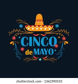 Cinco de Mayo on May 5th. Vector illustration with design for federal holiday in mexico. Pattern with traditional mexican symbols, flowers, red pepper, sombrero.