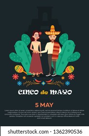 Cinco de Mayo on May 5th. Vector illustration with design for federal holiday in mexico. Banner with traditional Mexican symbols, skull, flowers, Mexican red pepper cacti, maracas, sombrero.