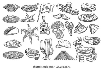 Cinco de Mayo outline icons set vector illustration. Mexican carnival decoration collection with hand drawn food from Mexico, sombrero hat and pinata, cactus and decorative skull, maracas for party