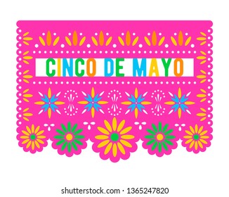 Cinco de Mayo. Papel picado banner with floral pattern. Mexican holiday decorations template.