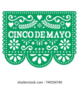 Cinco de Mayo Papel Picado Vektordesign - mexikanische Papierdekoration mit Muster und Text
Papiervorlage mit Blumen und abstrakten Formen ausschneiden, festliche Blumenzusammensetzung in dunkelgrüner Farbe