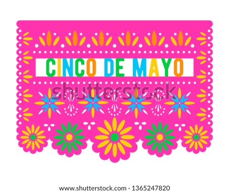 Cinco de Mayo. Papel picado banner with floral pattern. Mexican holiday decorations template.