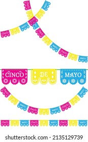 Cinco de Mayo paper cut out garlands. Mexican fiesta papel picado bunting set.