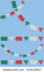 Cinco de Mayo paper cut out garlands. Mexican fiesta papel picado bunting set. Colors of Mexican flag.