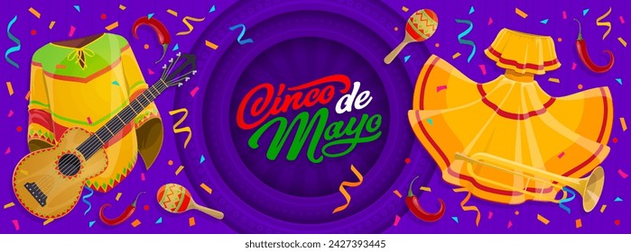 Cartel cortado en papel del Cinco de Mayo con trajes nacionales mexicanos, confeti y maracas, capturando el espíritu de celebración y orgullo cultural. Vector de fondo con poncho, guitarra y pimienta roja