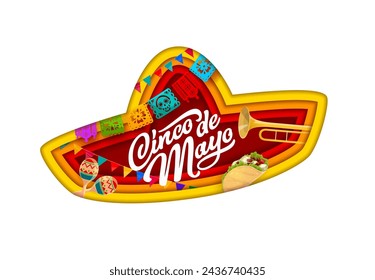 Cinco de Mayo Papier geschnitten mexikanischen Sombrero Banner mit Maracas und Papel Picado Fahnen, Vektor Urlaub Hintergrund. Mexikanische Cinco de Mayo Feier und Fiesta Party Sombrero und Taco in Papierschnitt Schichten