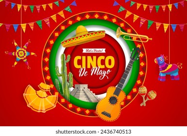 Cinco de Mayo paper cut banner for Mexican holiday with sombrero and guitar, vector background. Aztec pyramid, maracas and pinata with mariachi trumpet and national costume for Cinco de Mayo fiesta