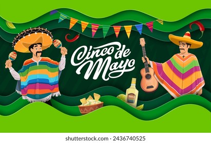 Cinco De Mayo paper cut banner with Mexicans and holiday cuisine, papercut vector. Cinco De Mayo holiday fiesta men in sombrero and poncho with guitar, maracas and tequila with guacamole