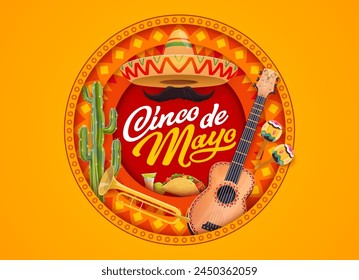 Anuncio de vacaciones mexicano cortado en papel Cinco de Mayo con sombrero y guitarra, fondo Vector. Fiesta mexicana del Cinco de Mayo con música de mariachi, maracas y trompeta, cactus, taco y tequila