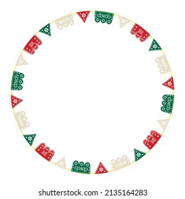 Cinco de Mayo paper garland circle frame. Papel picado vector illustration. For greeting card, invitation, photo decor, flyer, banner