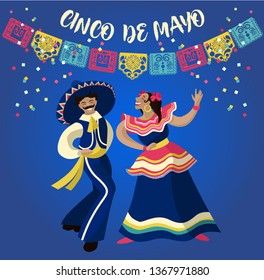 Cinco de mayo parade. Mexicans in national costume dancing and celebrate holiday. Vector cartoon illustration for poster or card