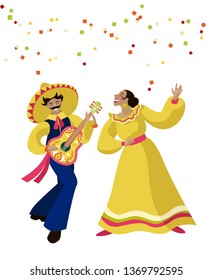 Cinco de mayo parade. Mexicans in national costume dancing and celebrate holiday. Vector cartoon illustration for poster or card