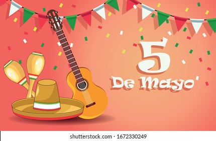 cinco de mayo party celebration with mexican hat and instruments vector illustration design
