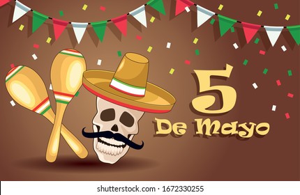 cinco de mayo party celebration with skull and maracas vector illustration design