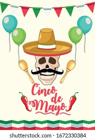 cinco de mayo party celebration with skull and mexican hat vector illustration design