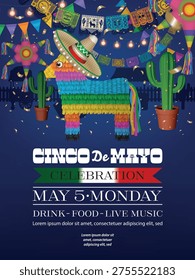 cinco de mayo party flyer with star pinada, donkey pinada, cactus and papel picado	