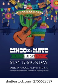 cinco de mayo party flyer with star pinada, donkey pinada, cactus with sombrero and guitar and papel picado	