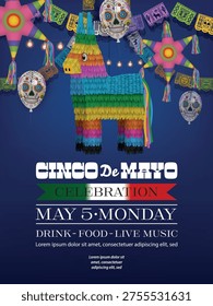 cinco de mayo party flyer with star pinada, donkey pinada, helium balloons and papel picado	