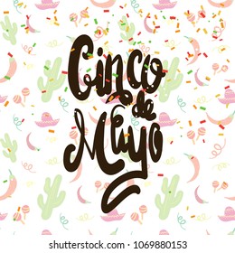 Cinco De Mayo Party Invitation Hand Drawn Lettering Calligraphy Black On Colorful Holiday Background