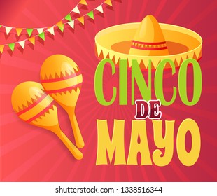 Cinco De Mayo party invitation poster in red color or flyer template decorated by maracas and hat. National holiday postcard with text, festive vector