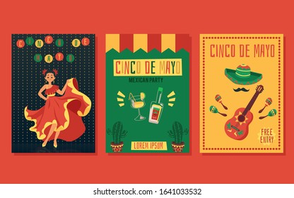 Cinco de mayo party invitation card set - flat cartoon flyer collection with Mexican dancer woman, tequila bottle, sombrero and guitar - holiday celebration banner vector illustration