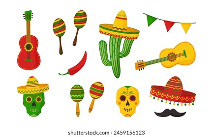 Fiesta del Cinco de Mayo, ícono de la fiesta mexicana del Vector. Guitarra y sombrero, cactus y maraca, guirnalda, pimienta, calavera, bigote. México, latino, español conjunto de pegatinas de vacaciones. Ilustración de dibujos animados