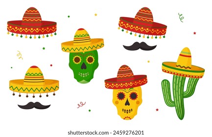 Cinco de Mayo party, mexican fiesta decoration. Sombrero, cactus and skull, mustache. Mexico, latino, spanish holiday sticker set. Cartoon vector illustration