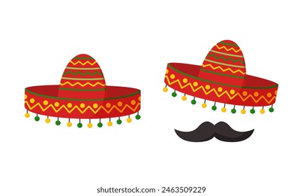 Cinco de Mayo party, mexican fiesta decoration. Sombrero and mustache. Mexico, latino, spanish holiday sticker hat set isolated on white background. Cartoon vector illustration