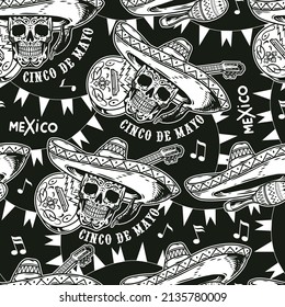 Cinco de mayo party monochrome vintage seamless pattern with sugar skull in sombrero against painted guitar and flag garlands, vector illustration