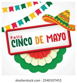 Cinco de Mayo party with paper flags and sombreros. Traditional Mexican music party. Cinco de mayo concept. Flat vector illustration.