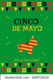 Cinco de mayo party poster template. Festive green vector illustration with native pinata and garland flags for traditional Mexican celebration on cinco de mayo. For restaurant menu or promo flyer.