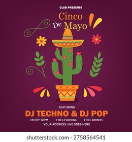 Cinco de Mayo Party Poster with Cactus Sombrero Mexican Fiesta Flyer Design